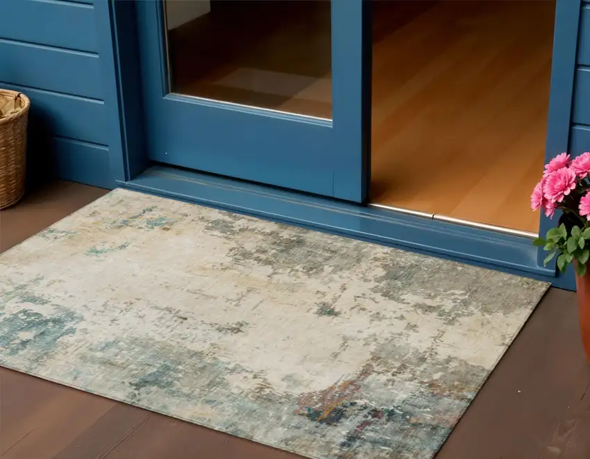 Ivory And Taupe Abstract Washable Indoor Outdoor Area Rug Photo 2