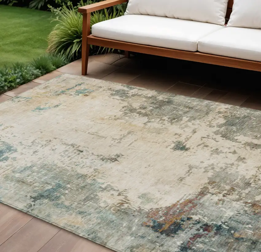 Ivory And Taupe Abstract Washable Indoor Outdoor Area Rug Photo 2