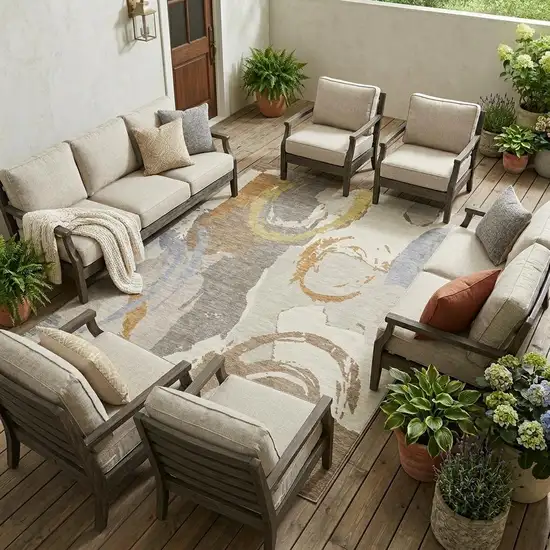 Ivory And Taupe Abstract Washable Indoor Outdoor Area Rug Photo 1