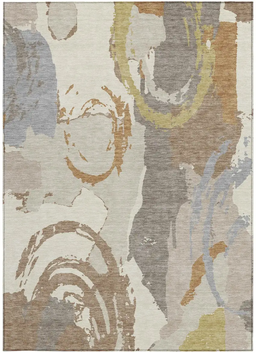 Ivory And Taupe Abstract Washable Indoor Outdoor Area Rug Photo 3