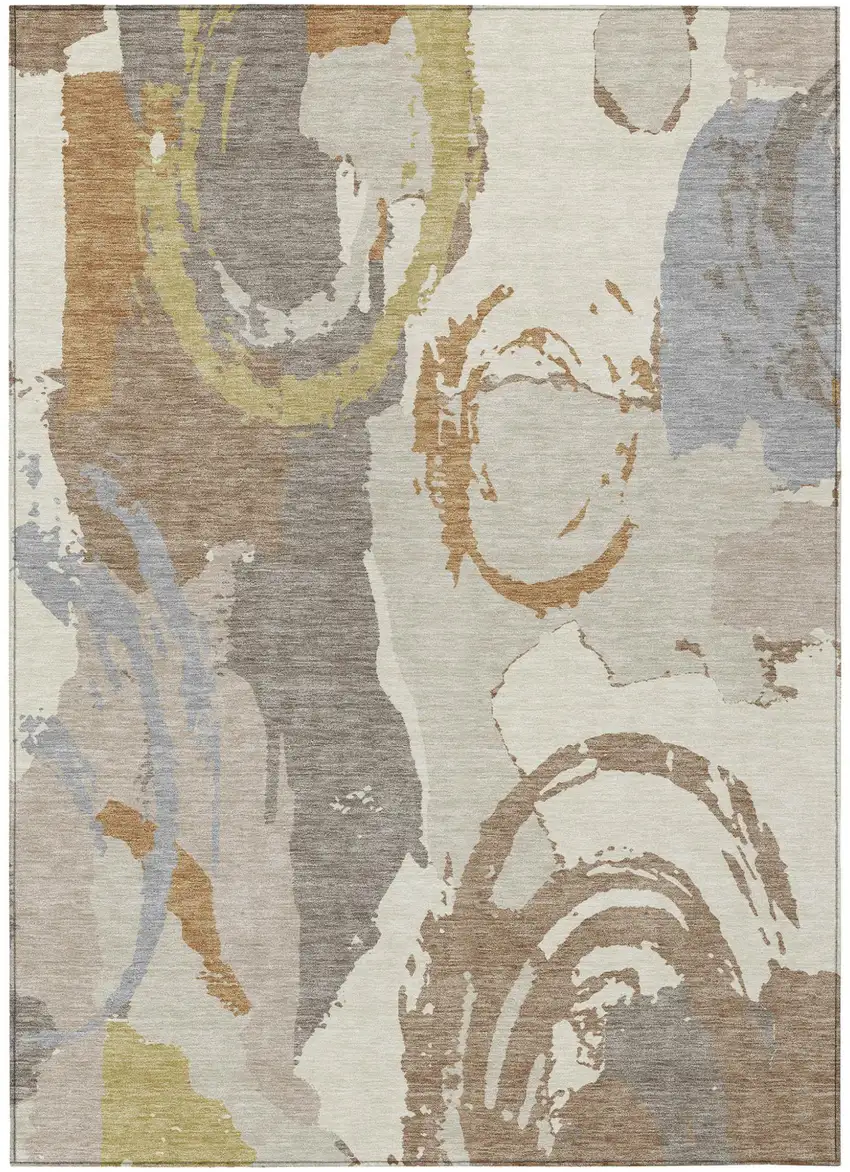 Ivory And Taupe Abstract Washable Indoor Outdoor Area Rug Photo 2