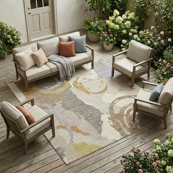 Ivory And Taupe Abstract Washable Indoor Outdoor Area Rug Photo 1