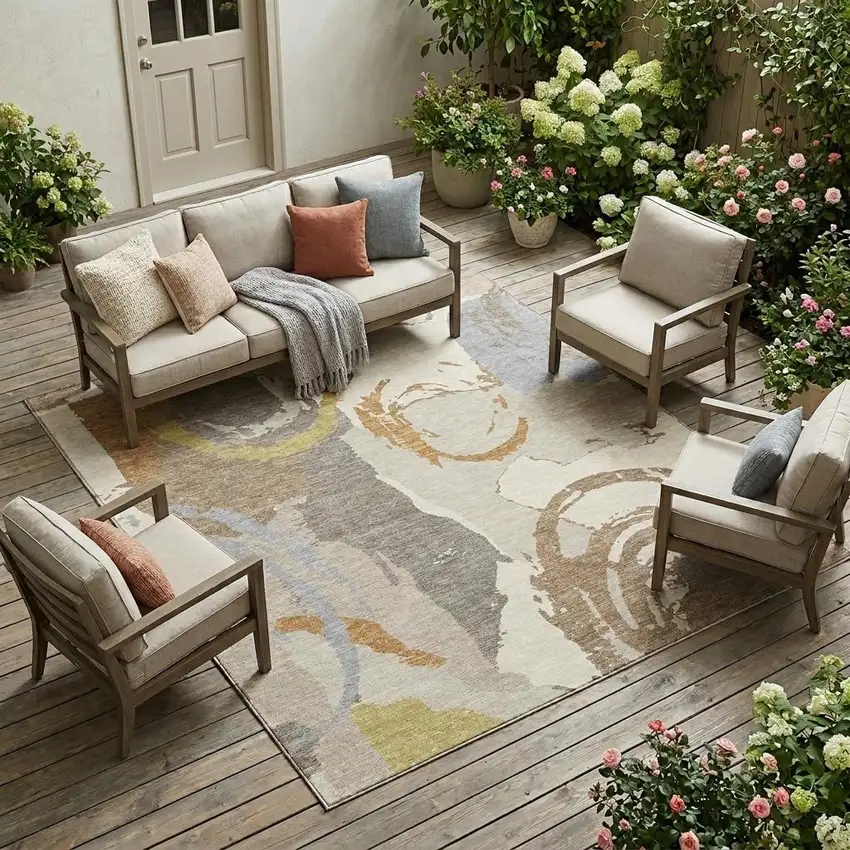 Ivory And Taupe Abstract Washable Indoor Outdoor Area Rug Photo 1