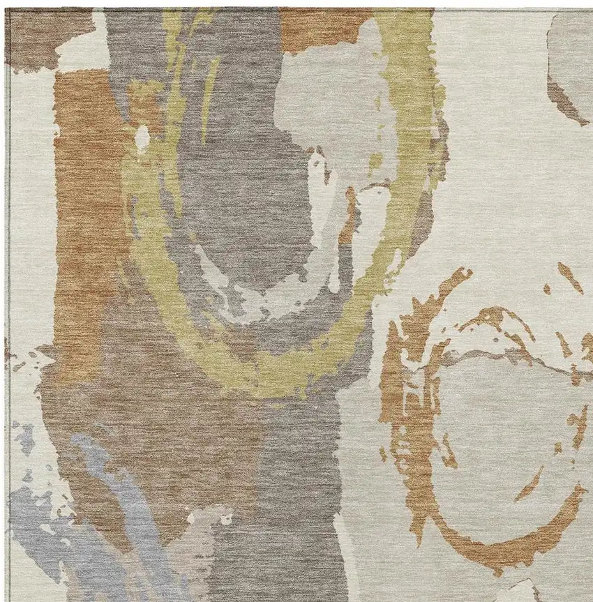 Ivory And Taupe Abstract Washable Indoor Outdoor Area Rug Photo 3