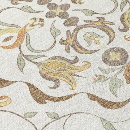 Ivory And Taupe Damask Washable Indoor Outdoor Area Rug Photo 5