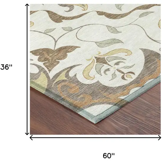 Ivory And Taupe Damask Washable Indoor Outdoor Area Rug Photo 6
