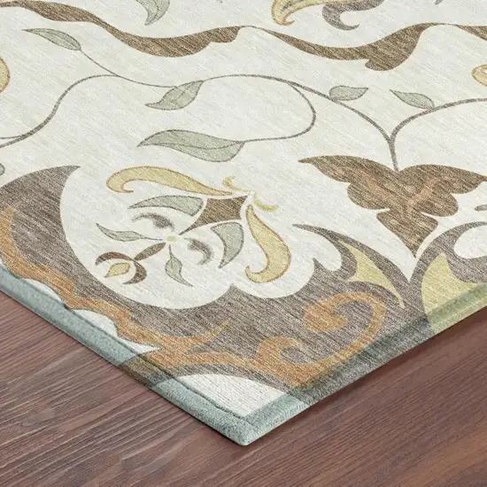 Ivory And Taupe Damask Washable Indoor Outdoor Area Rug Photo 3