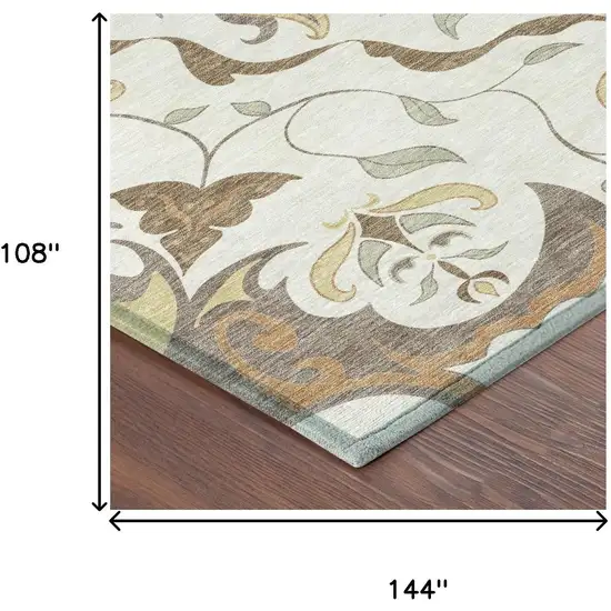 Ivory And Taupe Damask Washable Indoor Outdoor Area Rug Photo 6