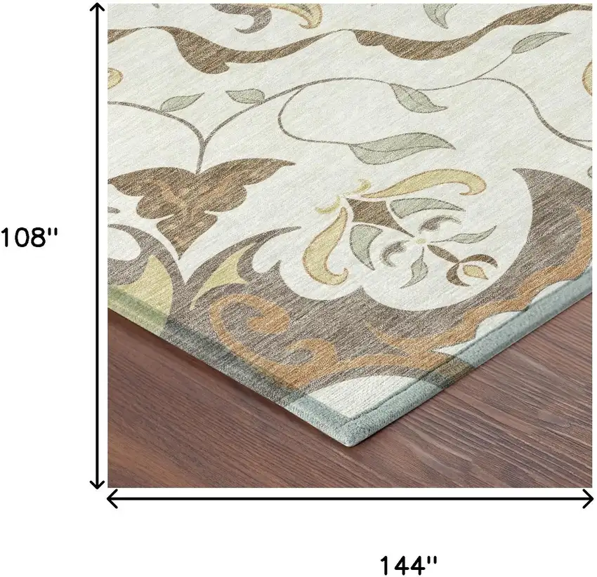 Ivory And Taupe Damask Washable Indoor Outdoor Area Rug Photo 6