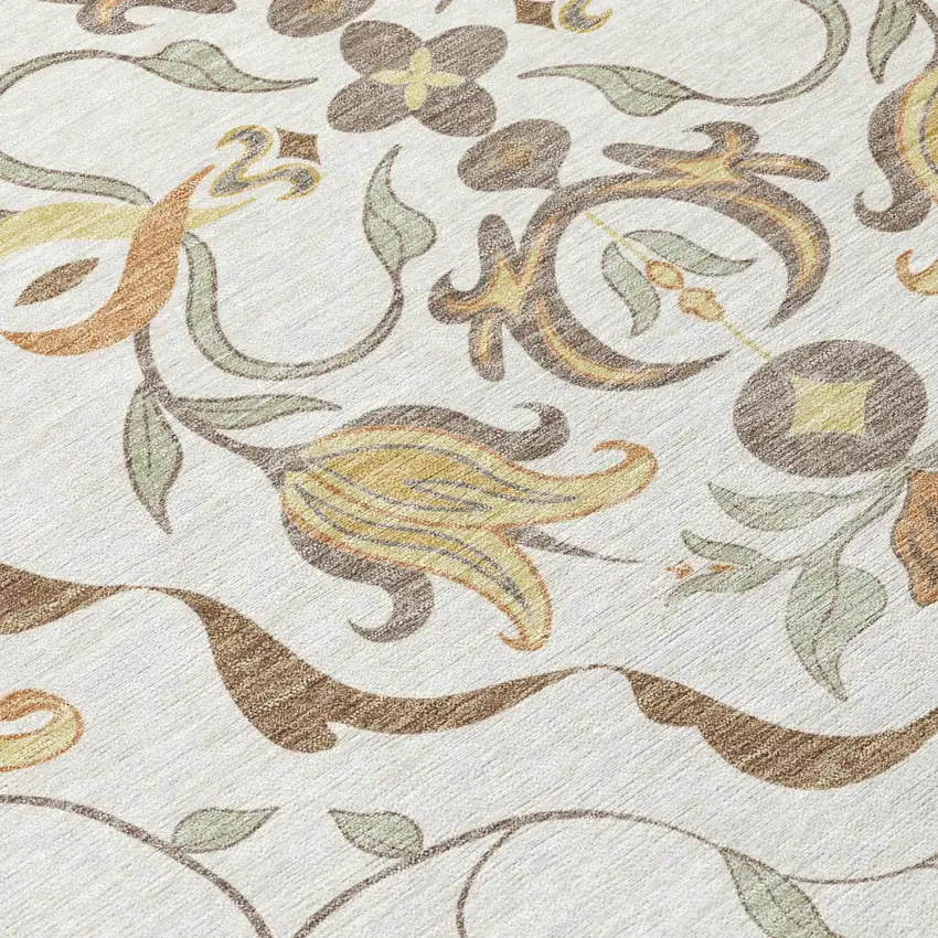 Ivory And Taupe Damask Washable Indoor Outdoor Area Rug Photo 5