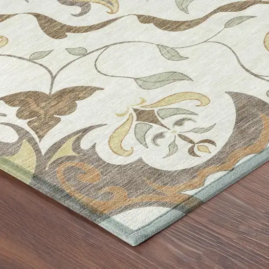 Ivory And Taupe Damask Washable Indoor Outdoor Area Rug Photo 3