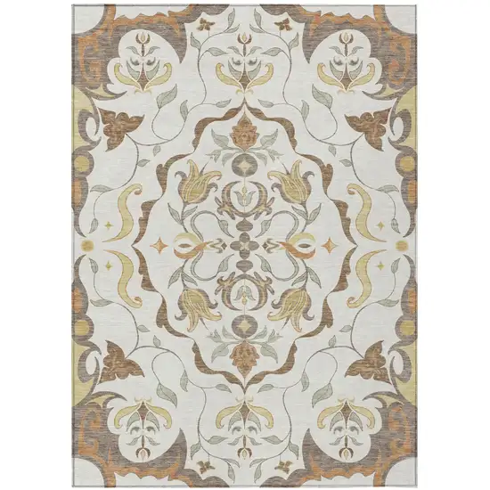 Ivory And Taupe Damask Washable Indoor Outdoor Area Rug Photo 4