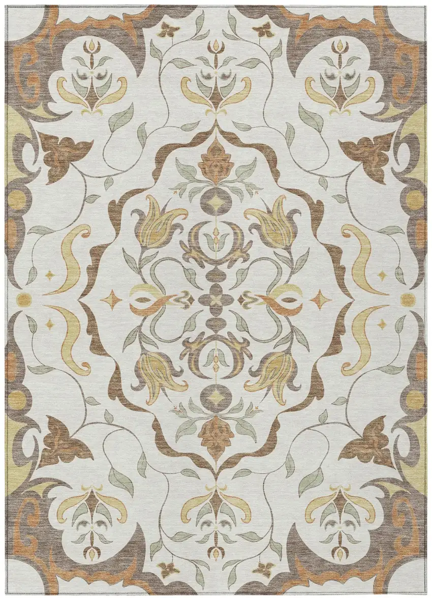 Ivory And Taupe Damask Washable Indoor Outdoor Area Rug Photo 4
