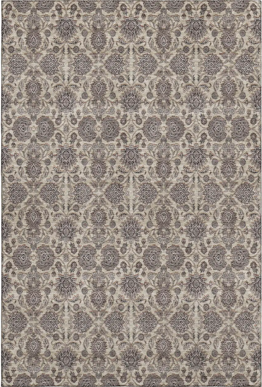 Ivory And Taupe Floral Washable Area Rug With UV Protection Photo 1