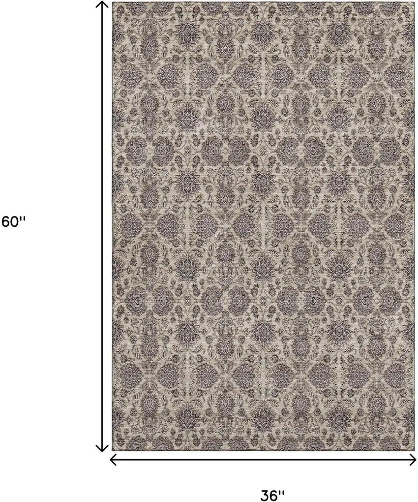 Ivory And Taupe Floral Washable Area Rug With UV Protection Photo 6