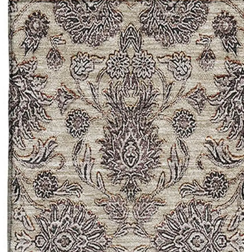 Ivory And Taupe Floral Washable Area Rug With UV Protection Photo 3
