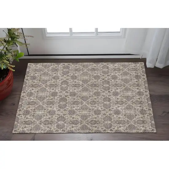 Ivory And Taupe Floral Washable Area Rug With UV Protection Photo 2