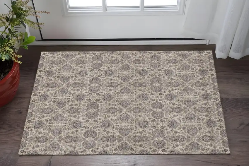 Ivory And Taupe Floral Washable Area Rug With UV Protection Photo 2