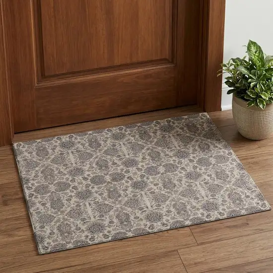 Ivory And Taupe Floral Washable Area Rug With UV Protection Photo 1