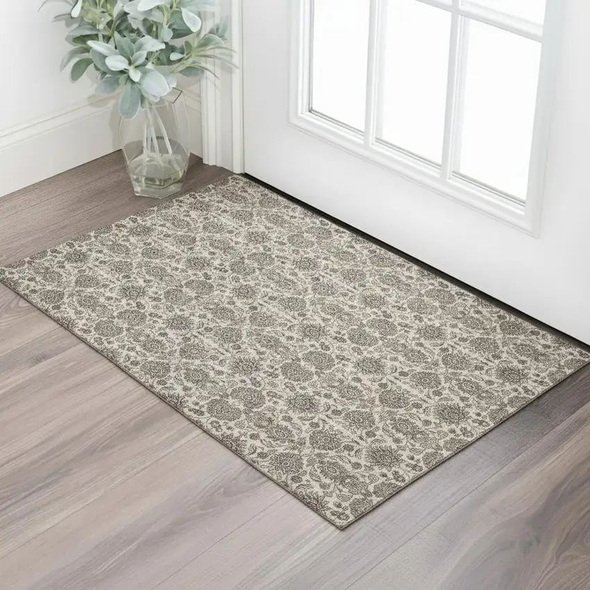Ivory And Taupe Floral Washable Area Rug With UV Protection Photo 1