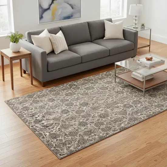 Ivory And Taupe Floral Washable Area Rug With UV Protection Photo 1