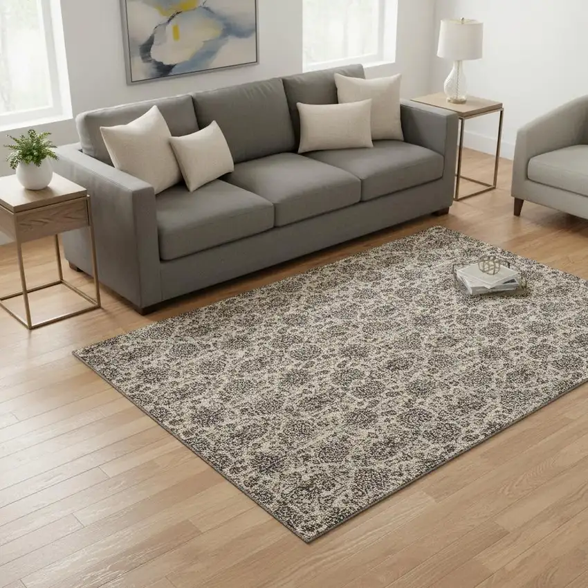 Ivory And Taupe Floral Washable Area Rug With UV Protection Photo 3