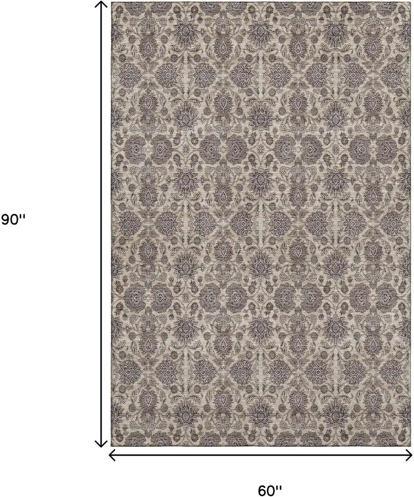 Ivory And Taupe Floral Washable Area Rug With UV Protection Photo 4
