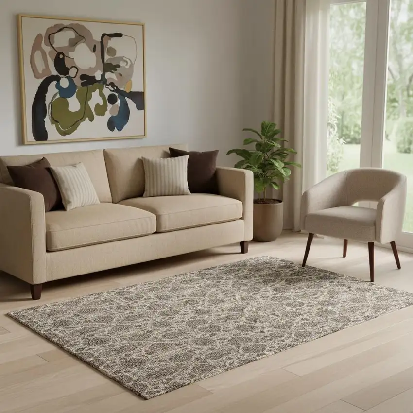 Ivory And Taupe Floral Washable Area Rug With UV Protection Photo 1