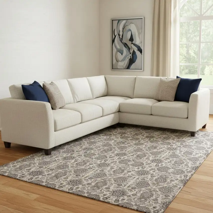 Ivory And Taupe Floral Washable Area Rug With UV Protection Photo 1