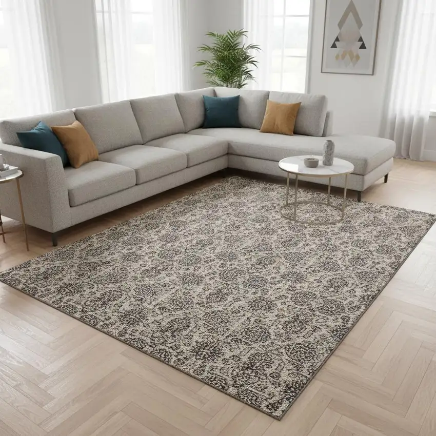 Ivory And Taupe Floral Washable Area Rug With UV Protection Photo 1