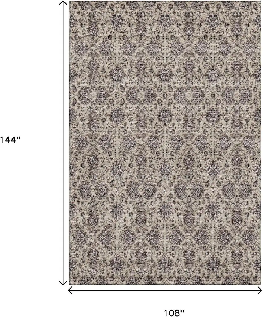 Ivory And Taupe Floral Washable Area Rug With UV Protection Photo 3