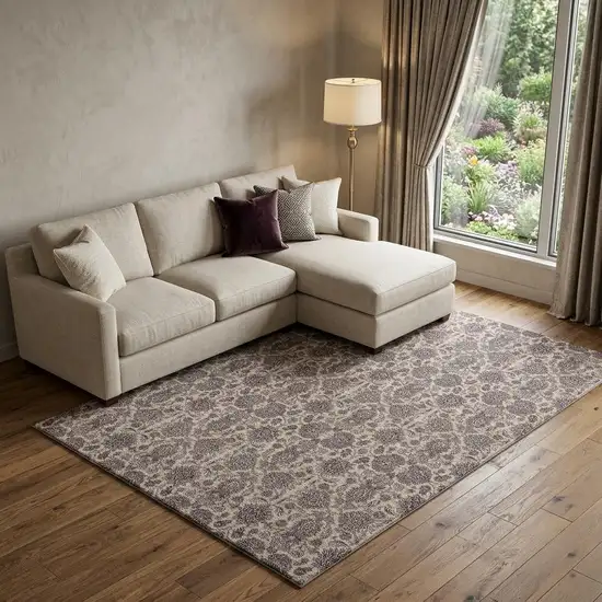 Ivory And Taupe Floral Washable Area Rug With UV Protection Photo 1