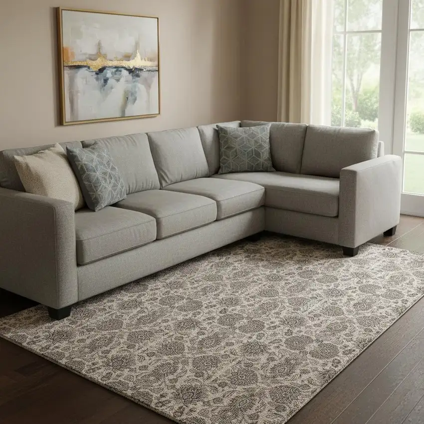 Ivory And Taupe Floral Washable Area Rug With UV Protection Photo 1