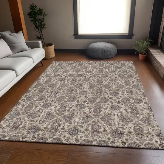 Ivory And Taupe Floral Washable Area Rug With UV Protection Photo 5