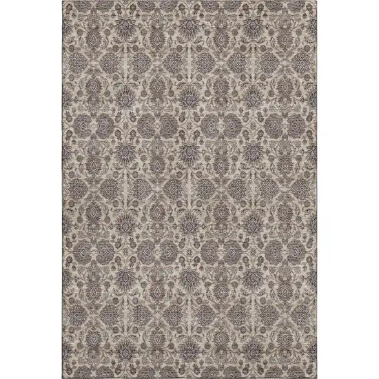 Ivory And Taupe Floral Washable Area Rug With UV Protection Photo 2