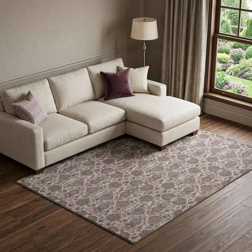Ivory And Taupe Floral Washable Area Rug With UV Protection Photo 1