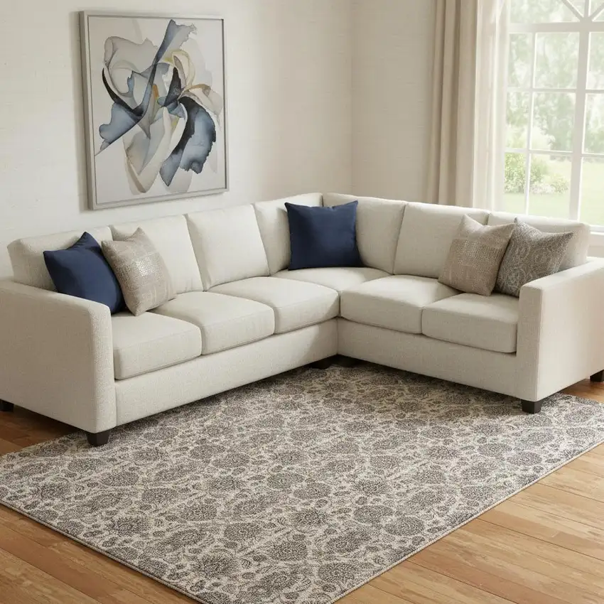 Ivory And Taupe Floral Washable Area Rug With UV Protection Photo 1