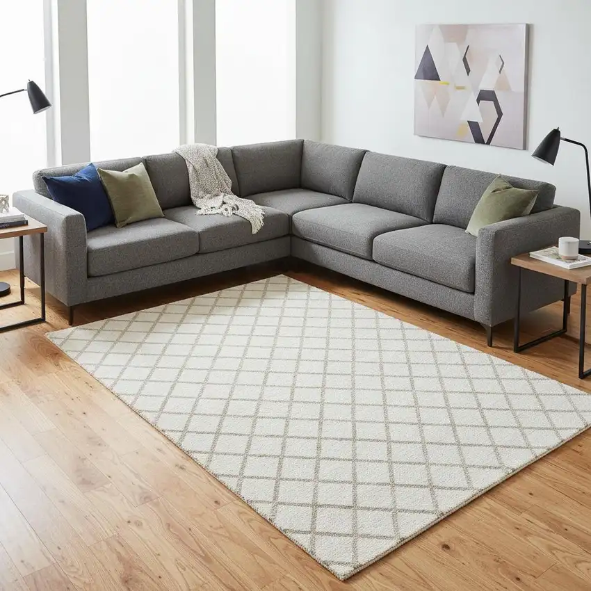 Ivory And Taupe Geometric Washable Area Rug With UV Protection Photo 1