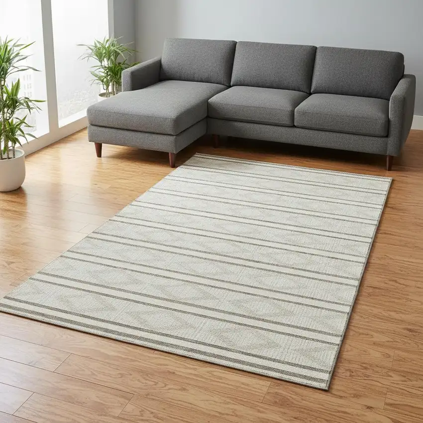 Ivory And Taupe Geometric Washable Area Rug With UV Protection Photo 2