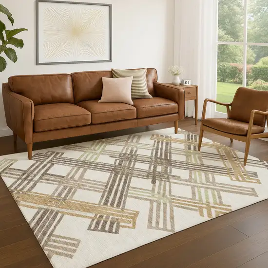 Ivory And Taupe Geometric Washable Indoor Outdoor Area Rug Photo 5