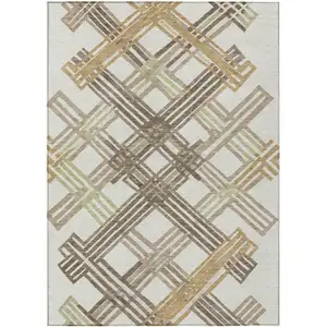 Photo of Ivory And Taupe Geometric Washable Indoor Outdoor Area Rug