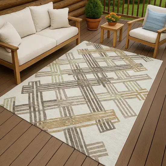 Ivory And Taupe Geometric Washable Indoor Outdoor Area Rug Photo 4