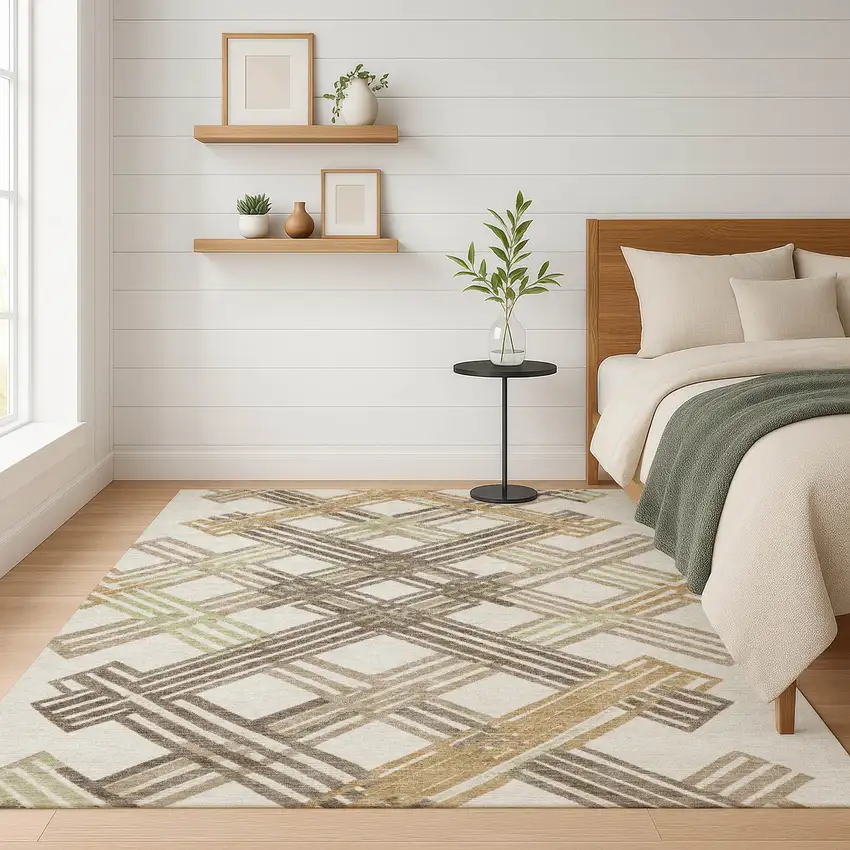 Ivory And Taupe Geometric Washable Indoor Outdoor Area Rug Photo 6