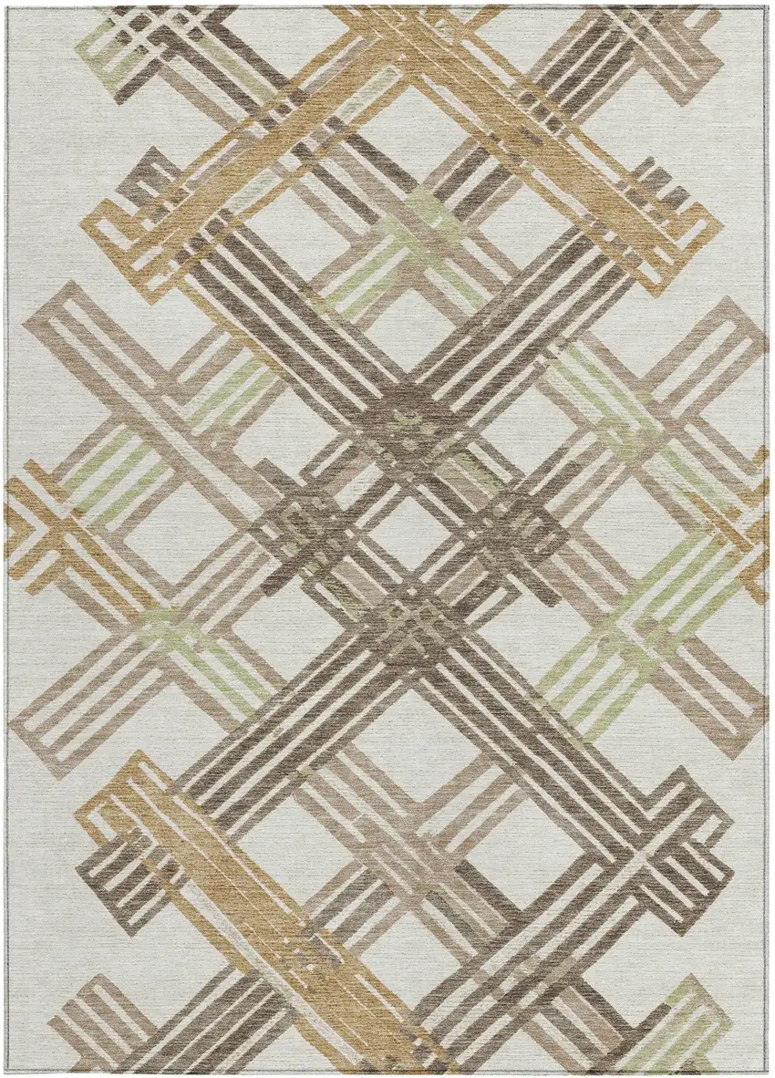 Ivory And Taupe Geometric Washable Indoor Outdoor Area Rug Photo 3