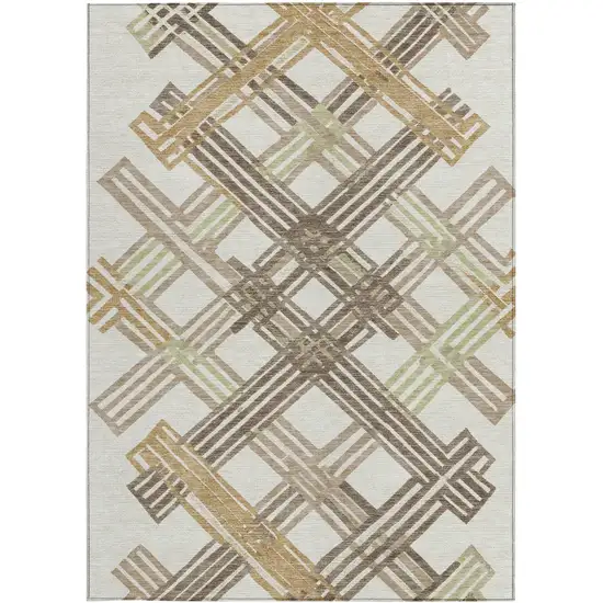 Ivory And Taupe Geometric Washable Indoor Outdoor Area Rug Photo 3