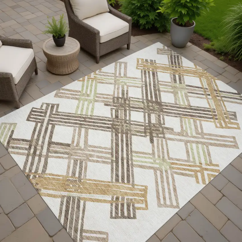 Ivory And Taupe Geometric Washable Indoor Outdoor Area Rug Photo 7