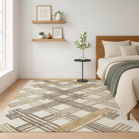 Ivory And Taupe Geometric Washable Indoor Outdoor Area Rug Photo 6