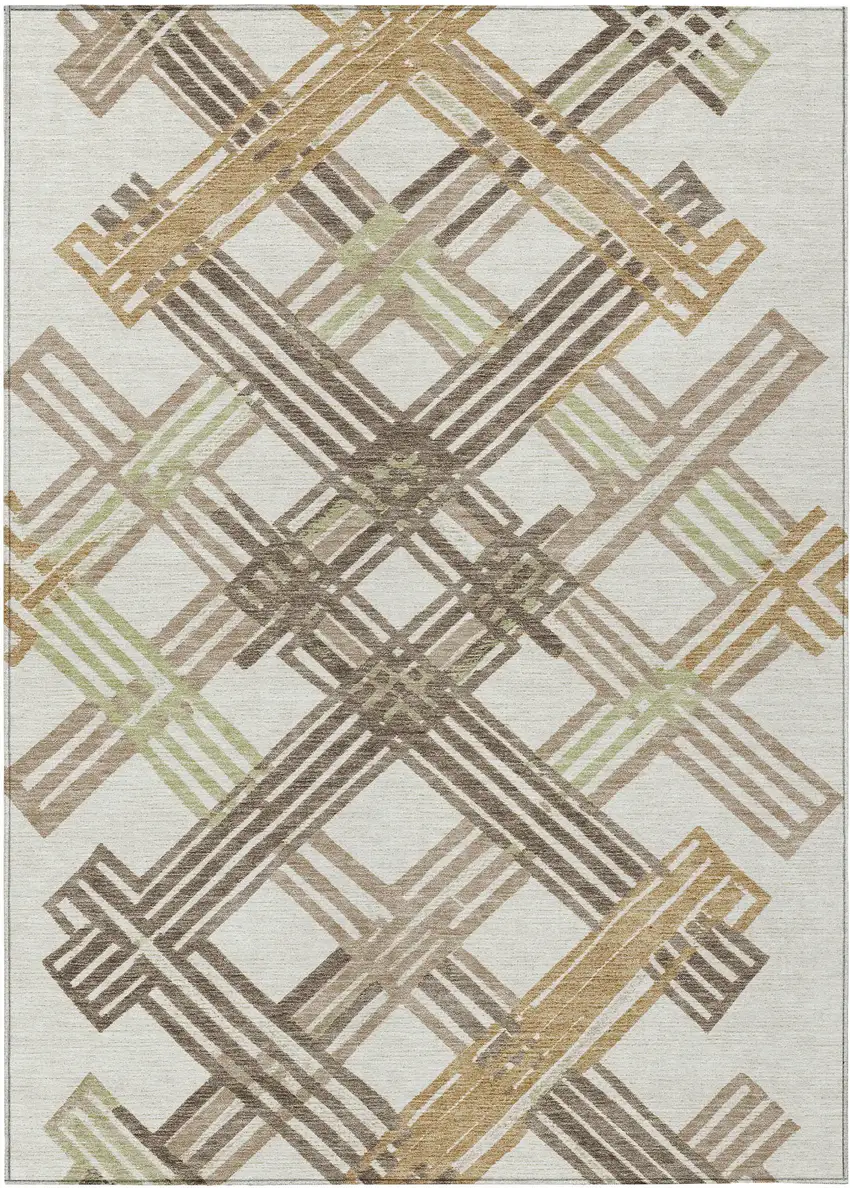 Ivory And Taupe Geometric Washable Indoor Outdoor Area Rug Photo 1
