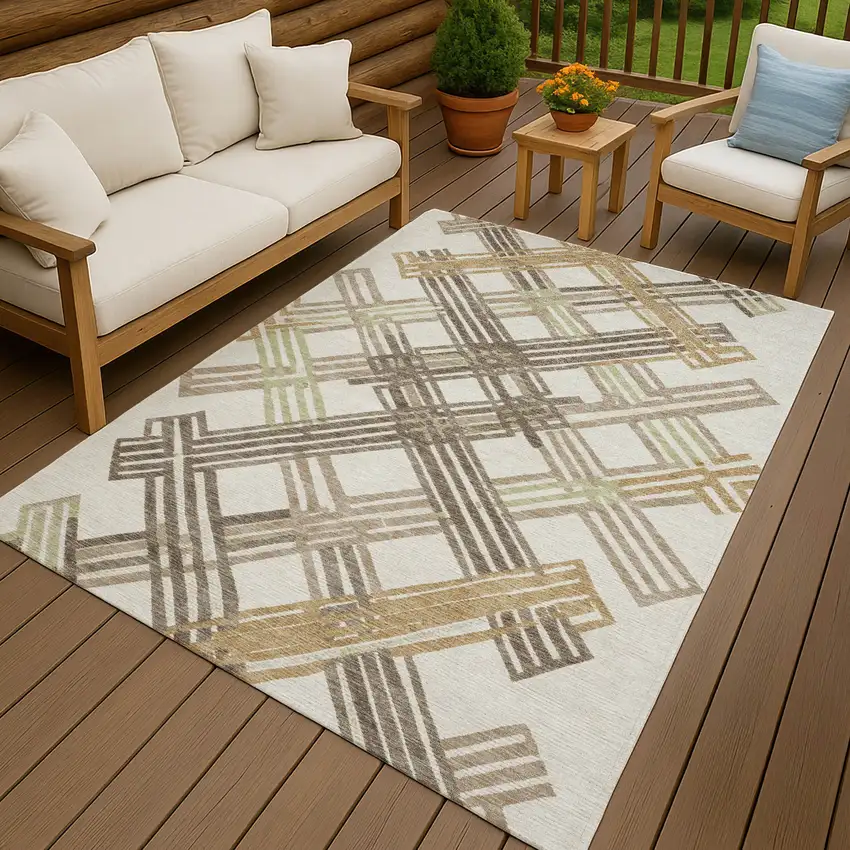 Ivory And Taupe Geometric Washable Indoor Outdoor Area Rug Photo 4