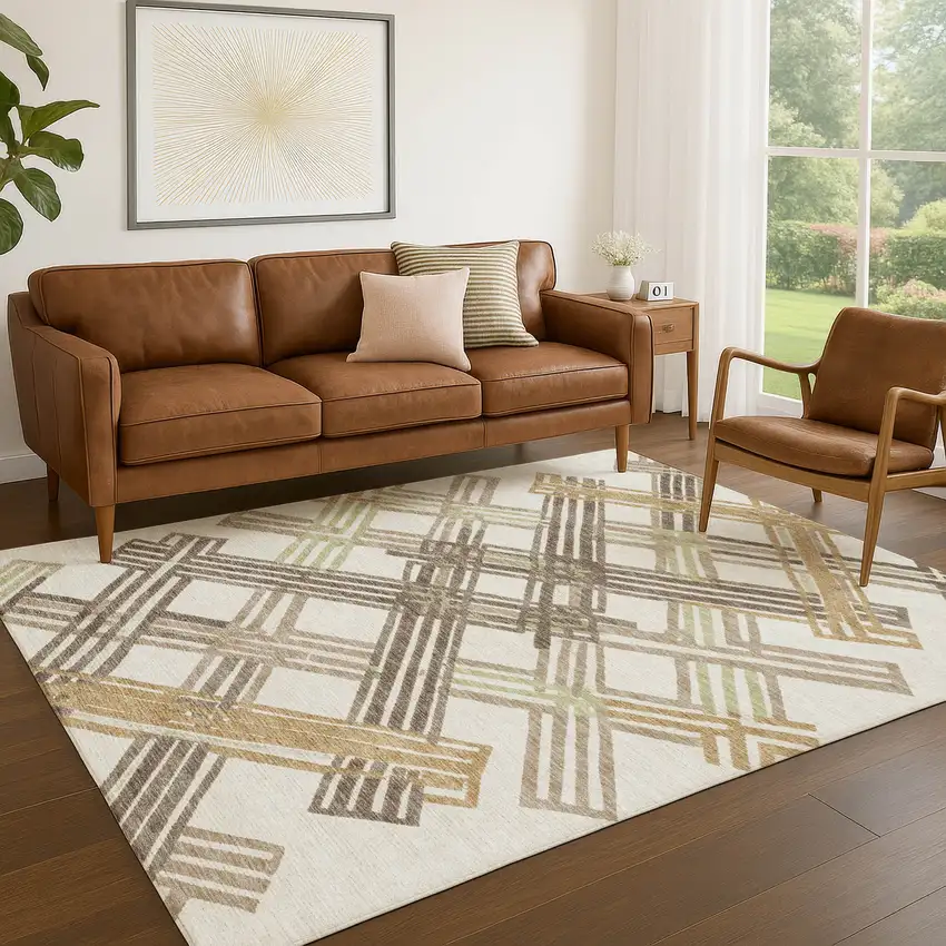 Ivory And Taupe Geometric Washable Indoor Outdoor Area Rug Photo 5